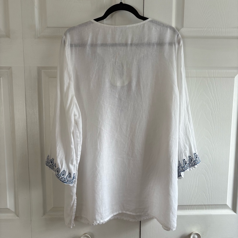 J.Jill White Blue Love Linen Embroidered Bell-Sleeve Tunic L Coastal Boho Preppy - Picture 6 of 8